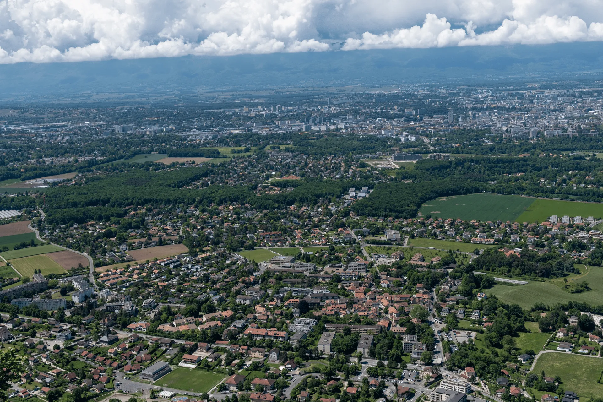 "A panoramic view of Veyrier village and surrounding landscape from above"