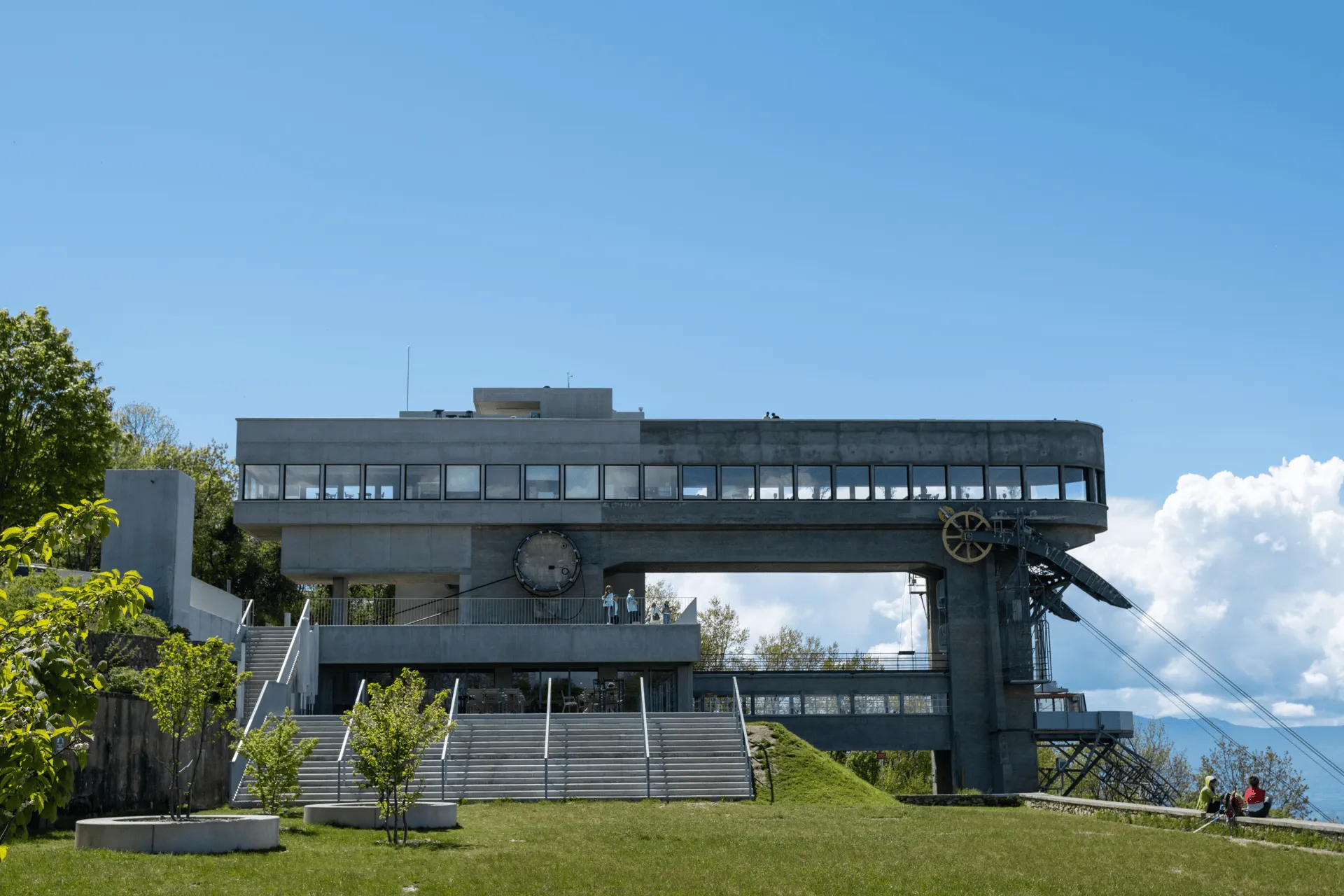 "A close-up view of the historic cable car building"