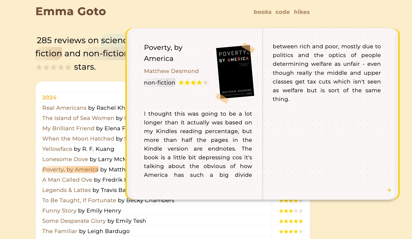 When you click a book review, it brings up a pop-up in the shape of a yellow notebook