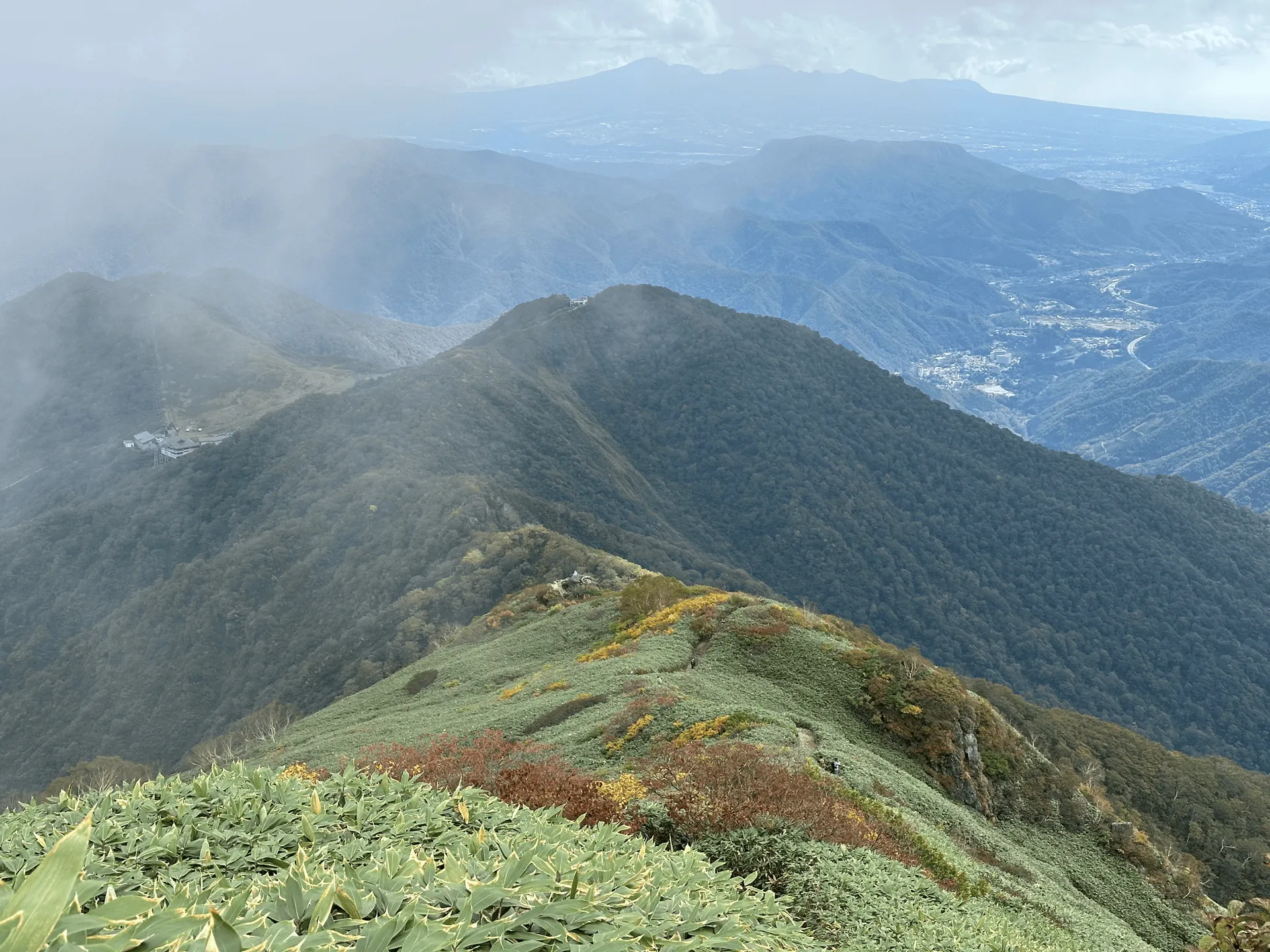 Mostly green ridgeline with hints of red and yellow.
