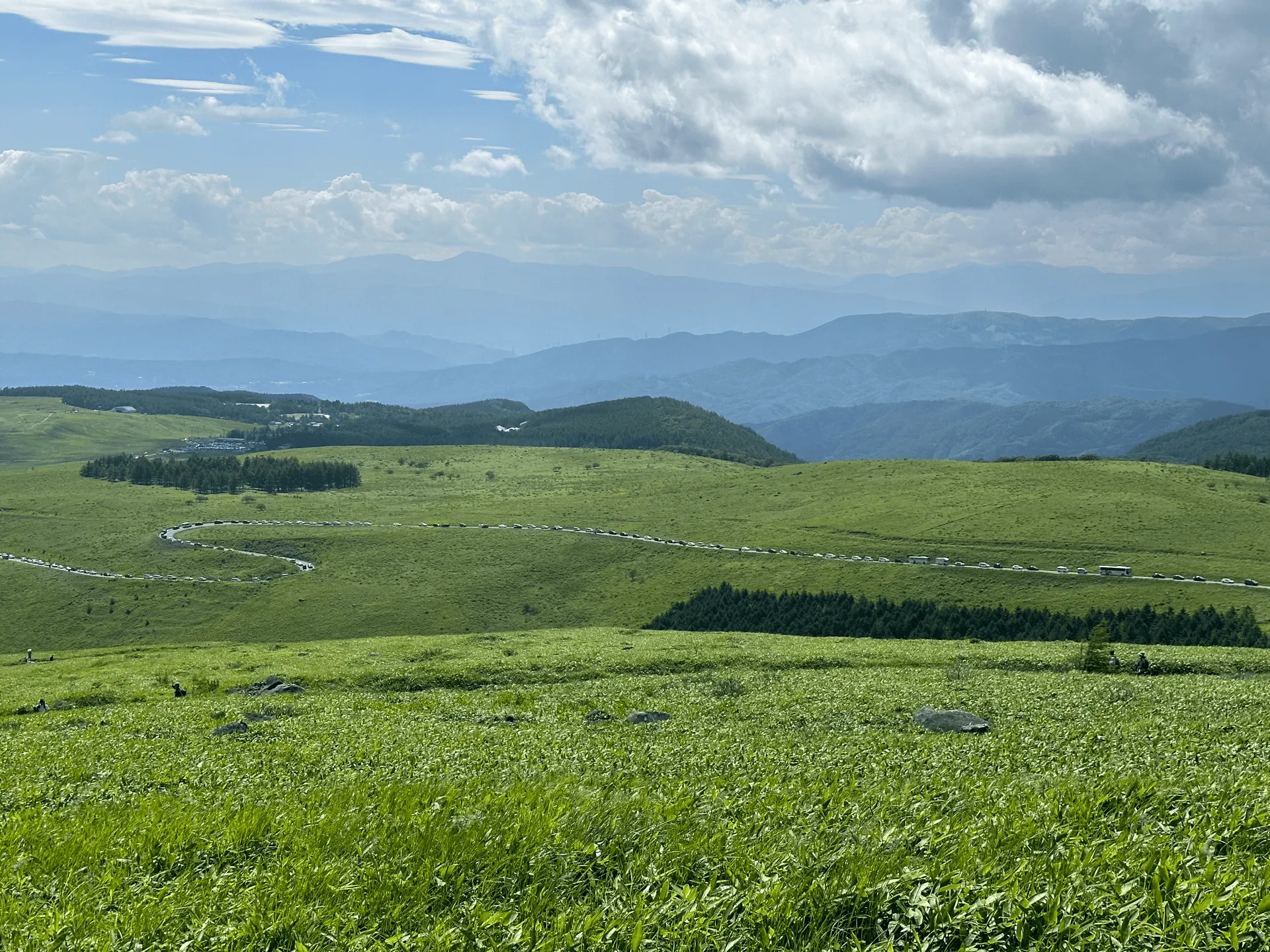 Photo of a large green expanse. In the distance stretches a road. It's full of cars.