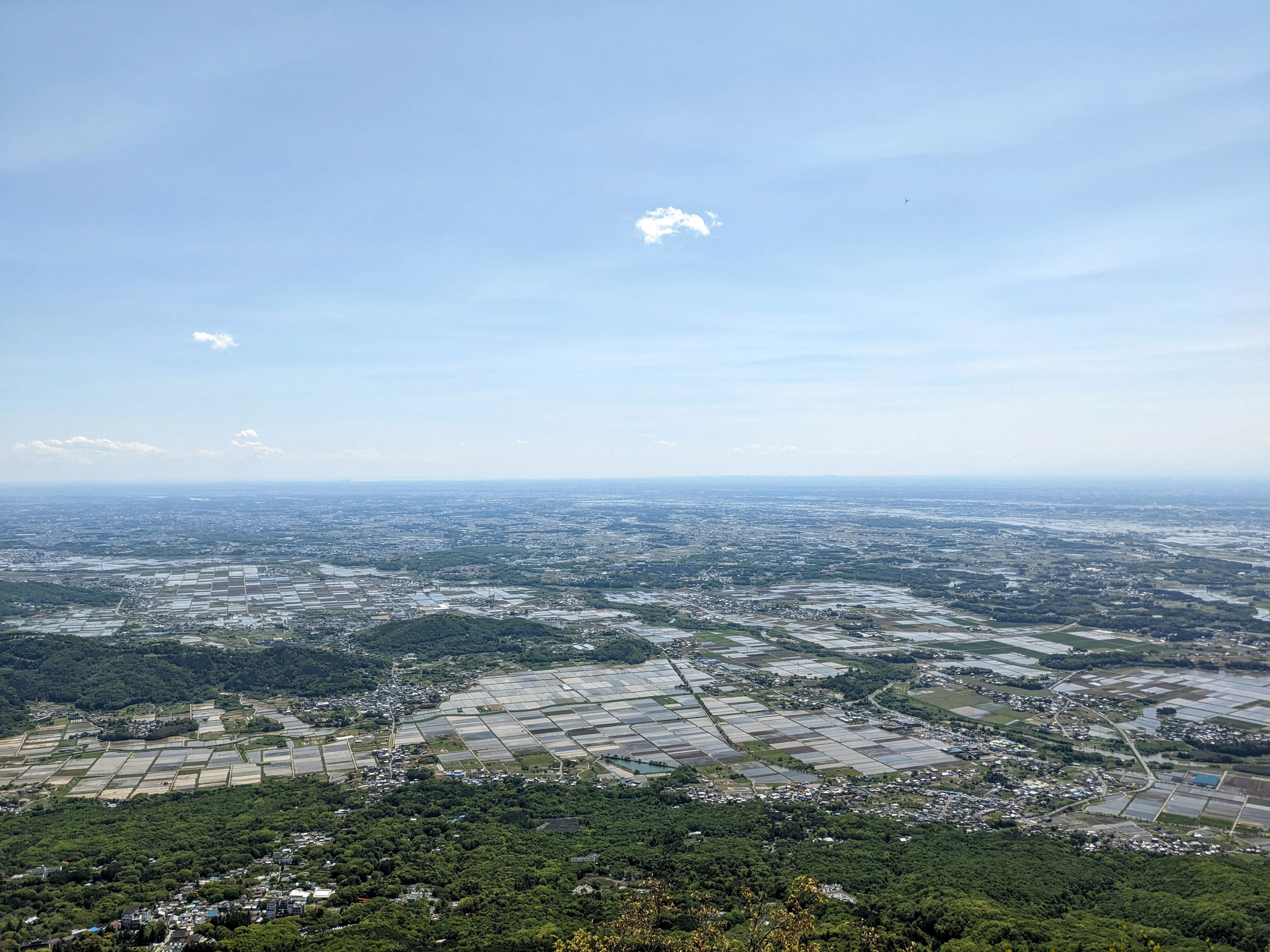 Expansive views of farm paddocks and a town in the distance