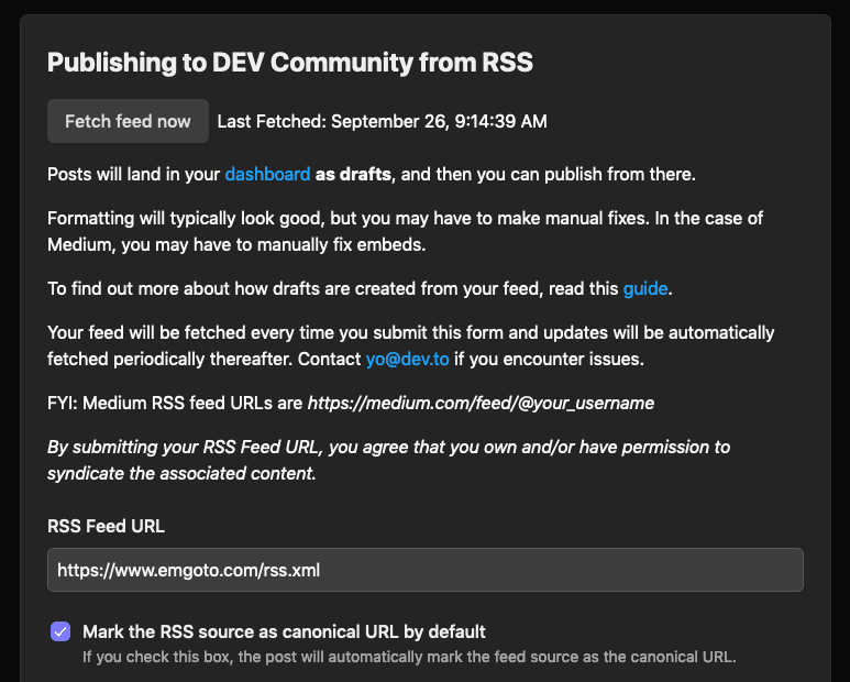 "RSS feed options in DEV.to settings page"