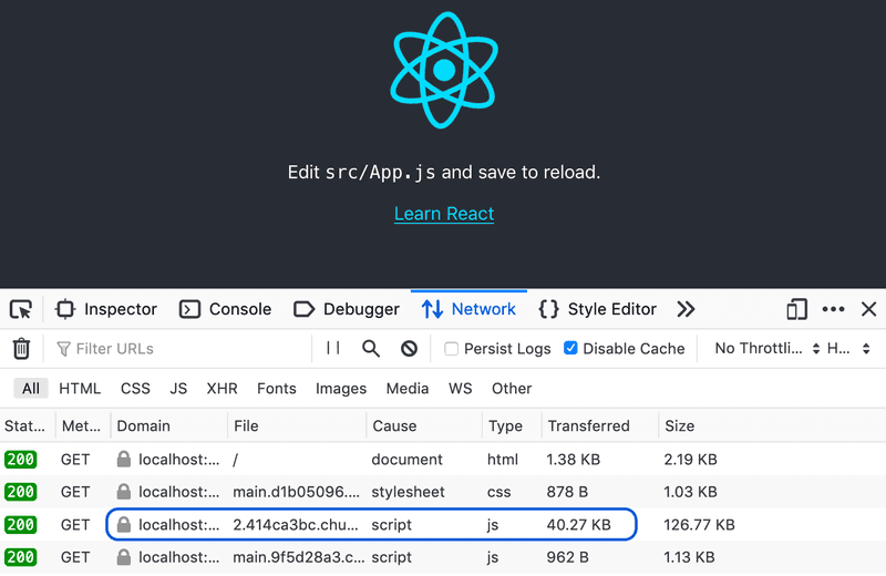 A React app's bundle size in the network tab